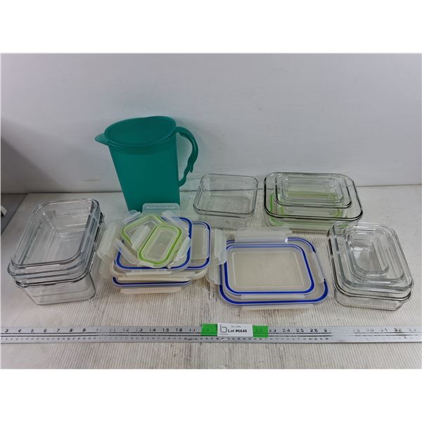 (11) Glass Food Containers w/Lids & Plastic Pitcher