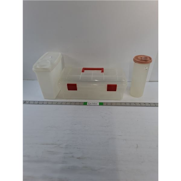 (4) Assorted Plastic Items  -  Juice/Water Pitcher w/Lid, 'Toolbox', Water Bottle
