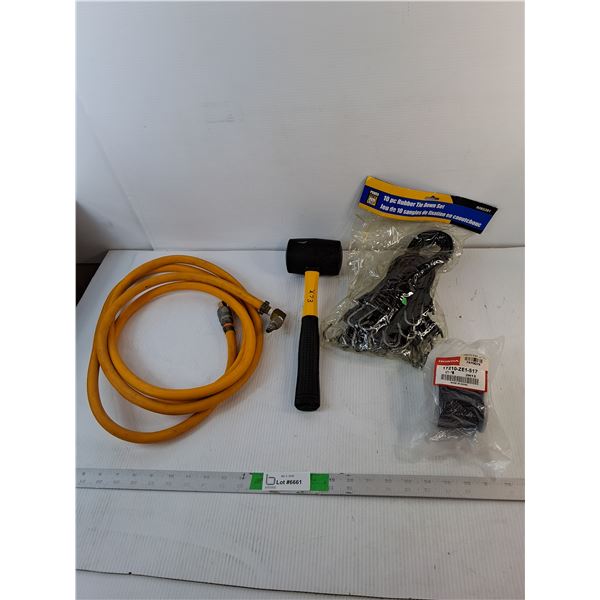 Rubber Sledgehammer 13.5", Rubber Tie Down Set, Air Compressor Hose, Misc. Pickup Preferred