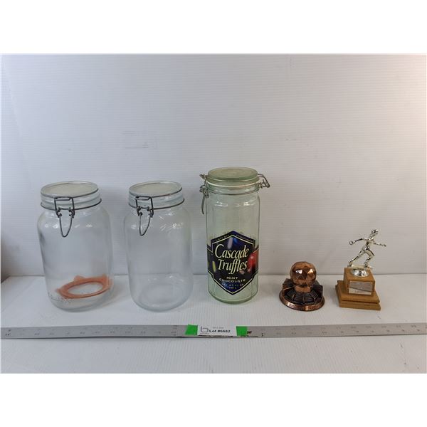 (3) Glass Jars up to 10", Bowling Trophy & Expo Centre Paperweight