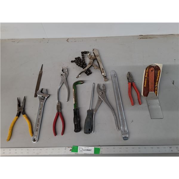 Locking Chain Clamp, Pliers, Crescent Wrench, Misc.