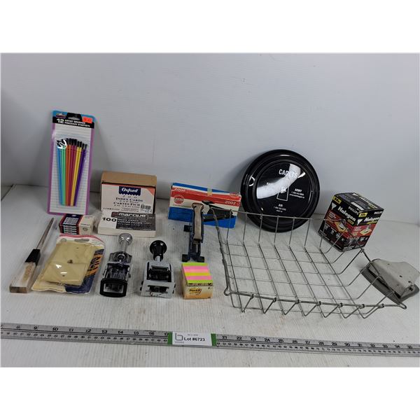 Wire Basket, Various Office Supply, Number Stamps, Light Bulb - As Is