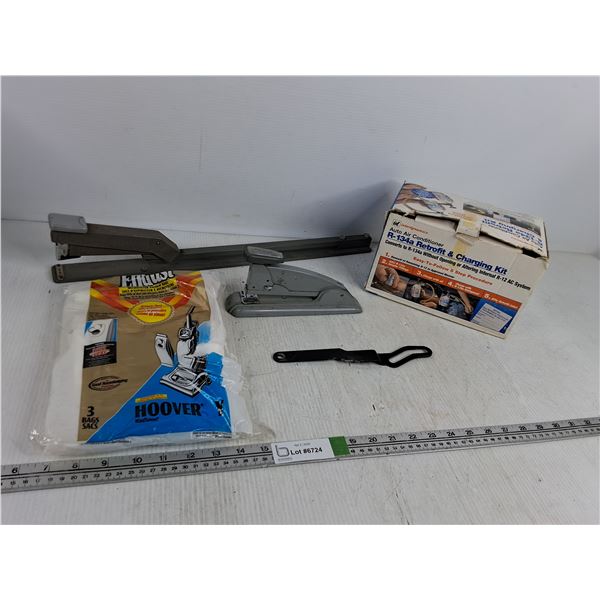 Auto Air Conditioner Recharging Kit, (2) Staplers, Microfilter Vacuum Bags