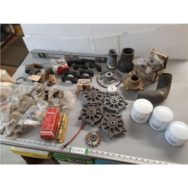 Various Machine Parts- Level, (3) Hydrostatic Pump Oil Filters, misc- As Is - PICK UP
