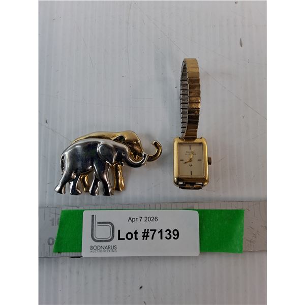 Bulova Women's Wrist Watch- As Is & Elephant Brooch