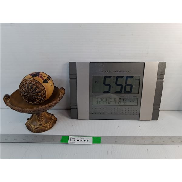 Radio Controlled Clock- Working 11.5" x 7.5", Wooden Pedestal Bowl & Decorative Sphere