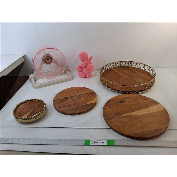 Hamster Exercise Wheel, Felt Poodle Figurine, Wooden Serving Platters Up to 14"- Pickup Preferred