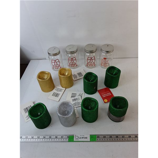(4) Glass Coinbanks & (8) Artificial Candles- Require Batteries