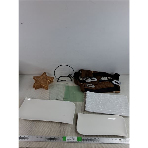 (3) Ceramic Serving Plates, Mesh Star Style Box, Wire Picture Holder, Misc