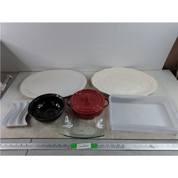 (2) Ceramic Serving Platters, Tupperware Container, Epicure Pot w/Lid, Ceramic Bowl, Misc