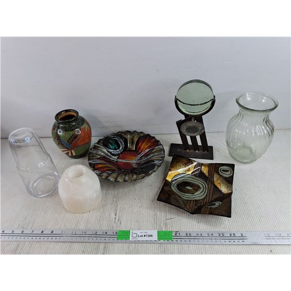 Art Glass Plates, Assorted Vases, Tea Light Stand, Glass Liquor Decanter