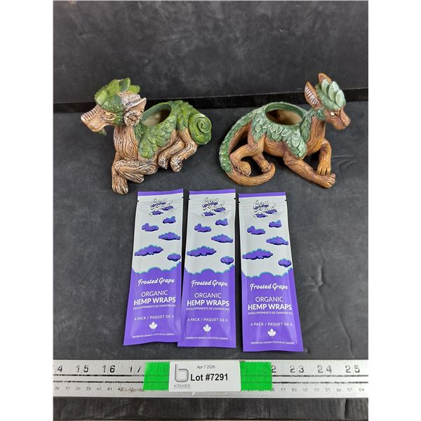 (3) Frosted Grape Organic Hemp Wraps, (2) Epoxy Decorative Planters