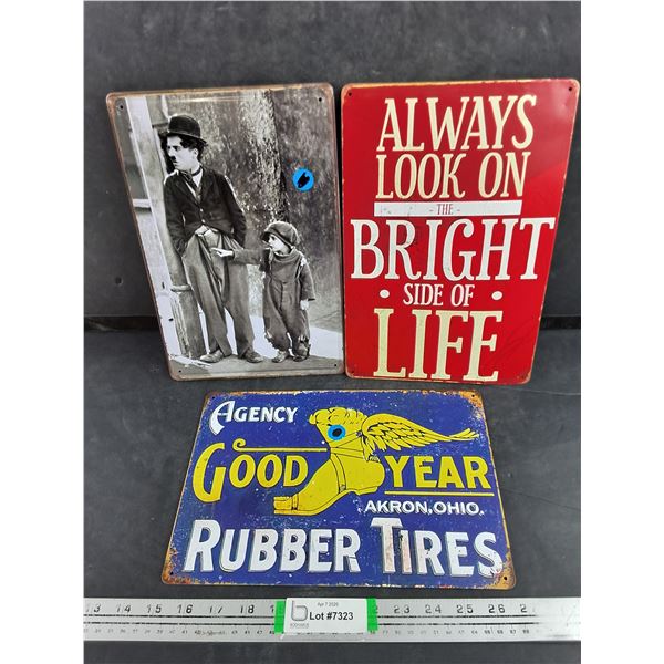 (3) Metal Signs 12" x 8" - GoodYear, Charlie Chaplin, Motivational Quote