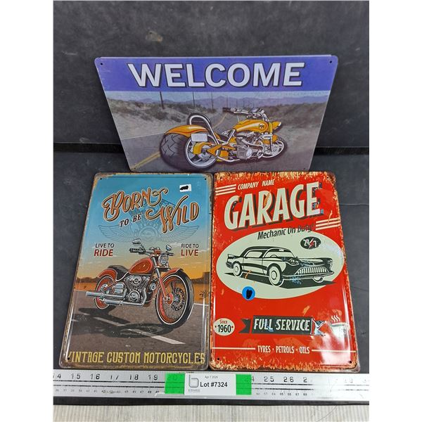 (3) Metal Signs 12" x 8" - Born to Be Wild, Garage & Welcome