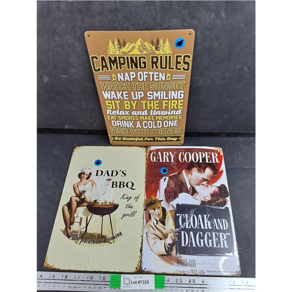 (3)  Metal Signs 12" x 8" - Dad's BBQ, Camping Rules, Gary Cooper