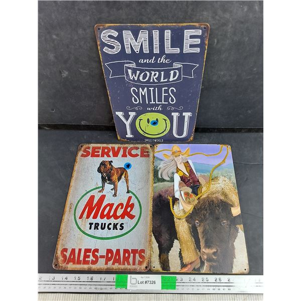 (3) Metal Signs 12" x 8" - Mack Trucks, Rodeo, Smiley World