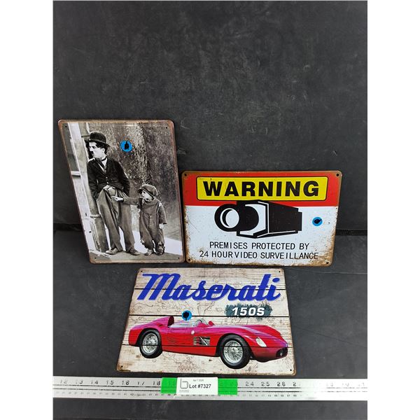 (3) Metal Signs 12" x 8" - Warning, Maserati, Charlie Chaplin