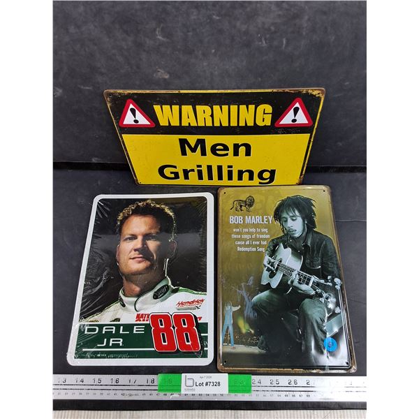 (3)  Metal Signs 12" x 8", 11" x 8" - Dale Jr, Bob Marley, Men Grilling