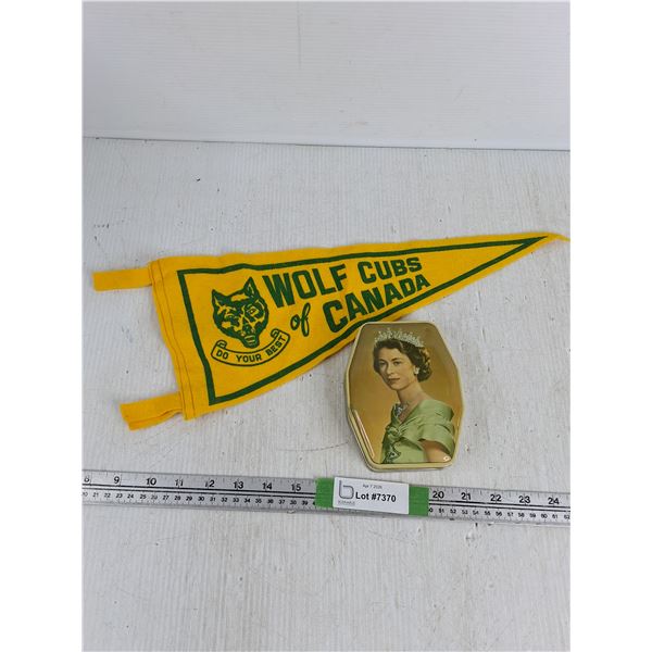 Tin Box - Souvenir Of The Coronation Of Queen Elizabeth The 2nd 5.5"x5", Wolf Cubs Of Canada Banner