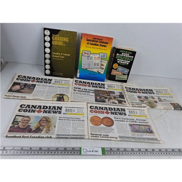 (3) Books - Stamps & Coins & (5) Canadian Coins News Newspaper Articles