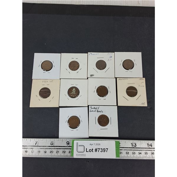 (10) Vintage Canadian 1 Cent Coins- 1927- 1965