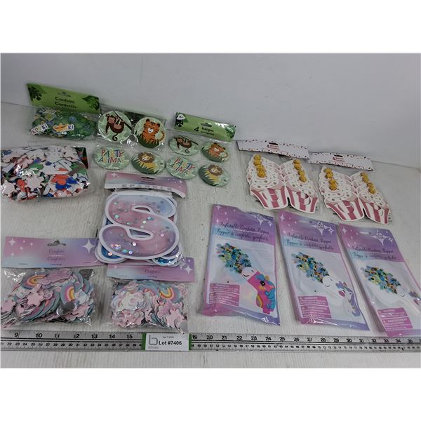 Various Party Supplies- Confetti, Banner, Badges