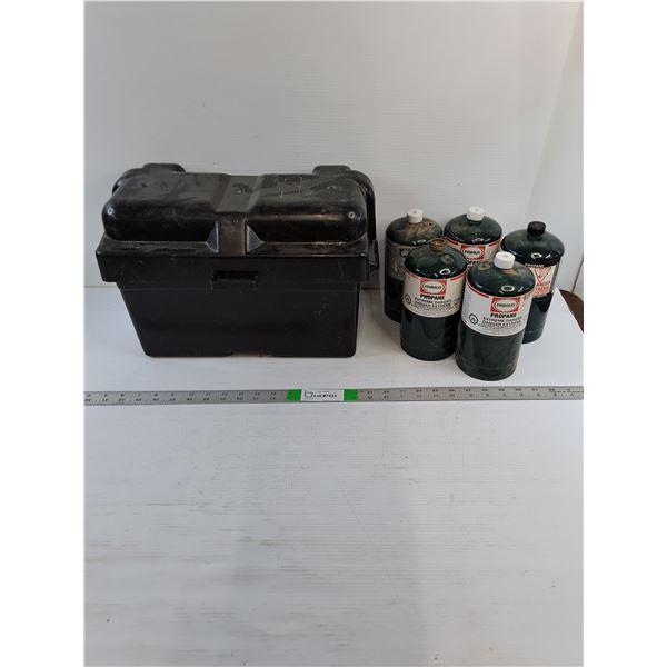 (1) Marine Battery Box  -  15" x 8" x 8" Deep  (5) 1 LB. Propane Canisters  -  As Is -CANNOT SHIP