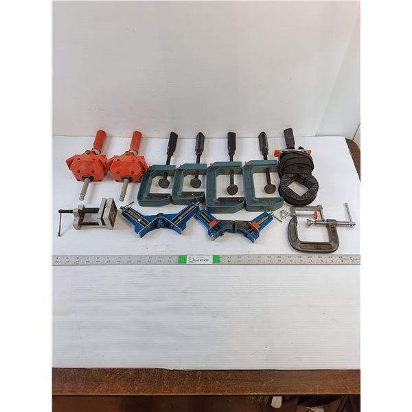 Assorted Clamps  -  Band Clamps, C-Clamp, Angle Clamp, Vise, Misc.