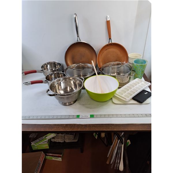 Assorted Kitchenware  -  Stainless Steel (SS) Pots, Sauce Pans, Strainer / Frying Pans, Mixing Bowl
