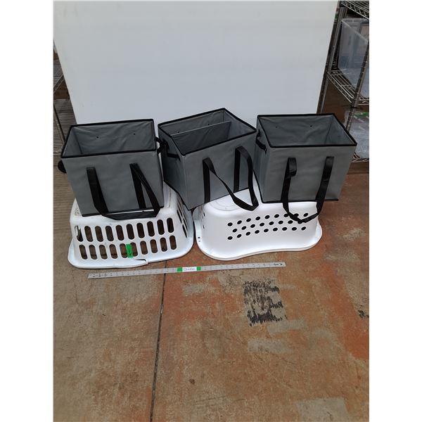 * (2) Laundry Baskets (Small Crack)  (3) Foldable Canvas Shopping Bags (14" x 11" x 11 1/2" Deep)