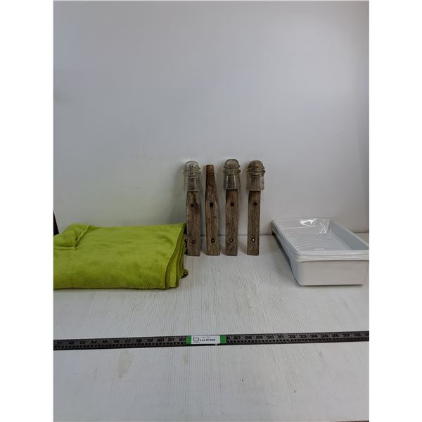 Multiple Plastic Paint Holders, Antique Glass Insulators Mounted On Wooden Pegs, Throw Blanket