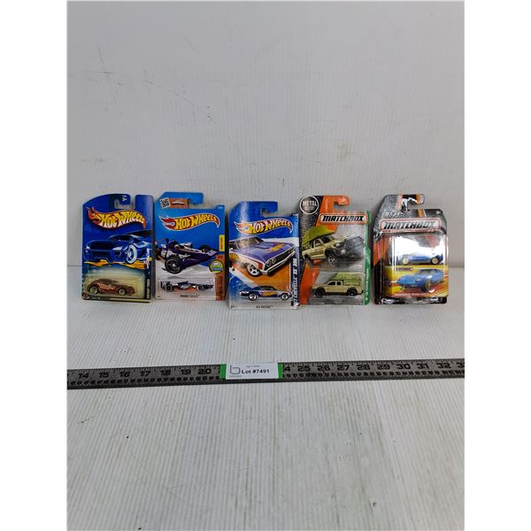 (3) Assorted Hot Wheel Cars, (2) Matchbox Truck and Car NIB
