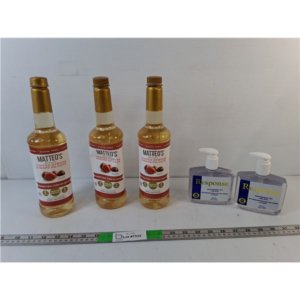 (3) Bottles of Matteo's Coffee Syrup- Sealed & (2) Containers of Hand Sanitizer- Cannot Ship