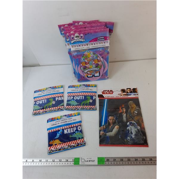 Kids' Party Supplies- Hatchimals Banners, Dinosaur Caution Tape, Star Wars Gift Bags- Sealed