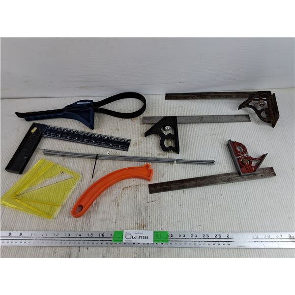 Carpenters Squares, Mastercraft Strap Wrench, Metal Rods, Center Finder, Misc