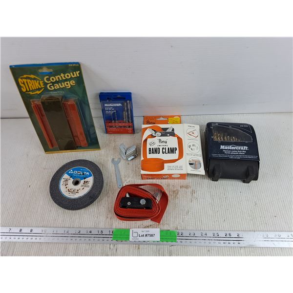 Contour Gauge, Drill Bits, Pony Band Clamp, 36 Grit Grinding Disc
