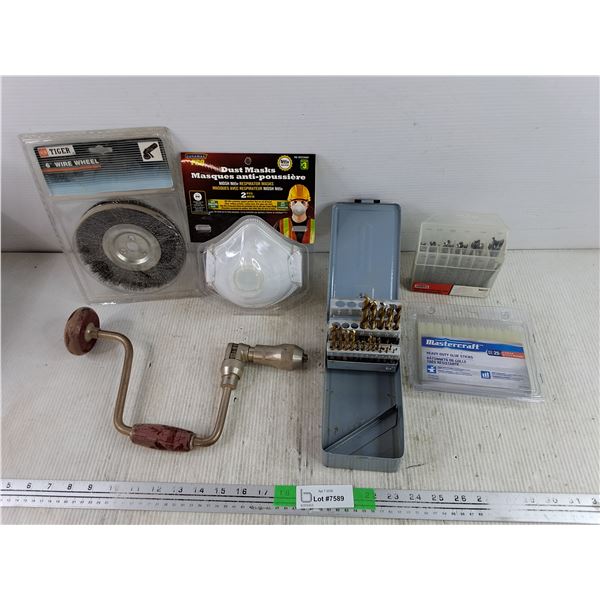 Assorted Drill Bits, 6" Wire Wheel, Dust Masks, Hand Drill, Heavy Duty Glue Sticks