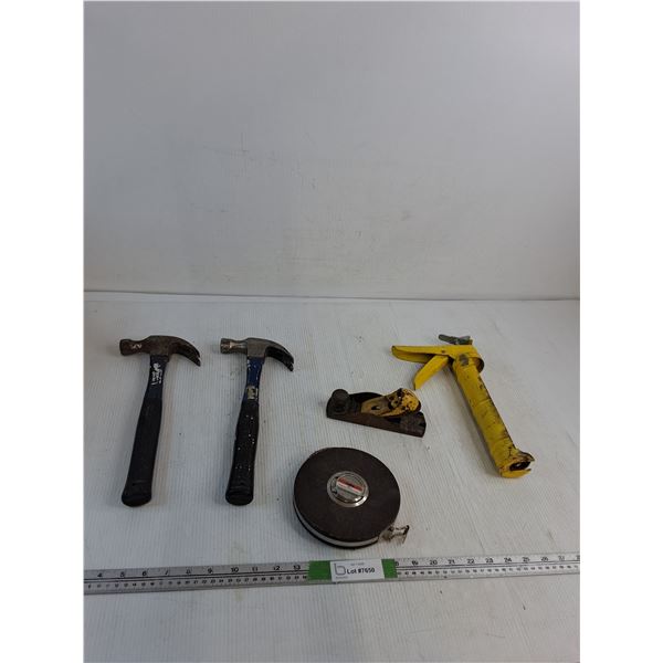 Vintage Two-Tone Block Plane, (2) Hammers, Tape Measure, Manual Caulking Gun
