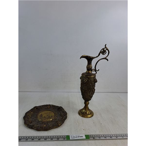 Vintage Italian Brass Ewer and Matching Tray 16" (as is)