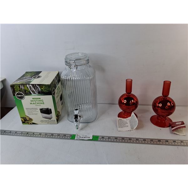 Glass Beverage Dispenser 11.5", (2) Glass Candleholders & Tropical Misting Machine- As Is, May Requi