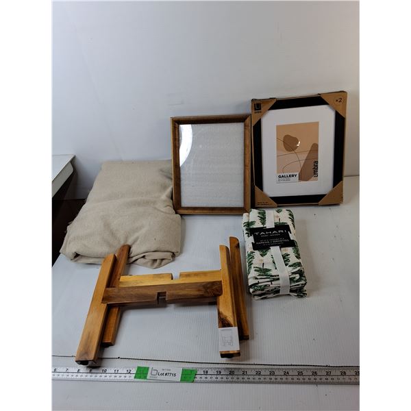 Tablecloth Approx. Approx. 98" x 56", Photo Frames, Cloth Napkins, Wooden Base for Stool