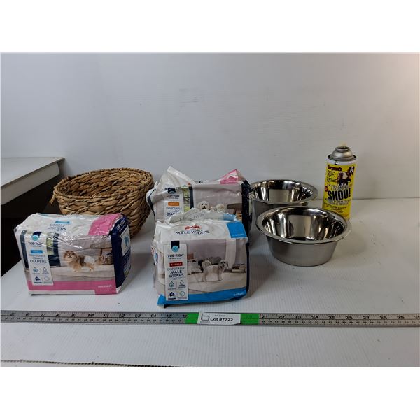 Dog Diapers, Pet Repellant Training Spray, Pet Bowls, Wicker Basket 8.5" Diameter