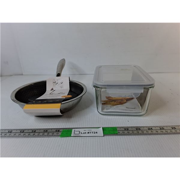 Glass Food Container 8.25" x 5.75" x 3.5" & Stainless Steel Skillet