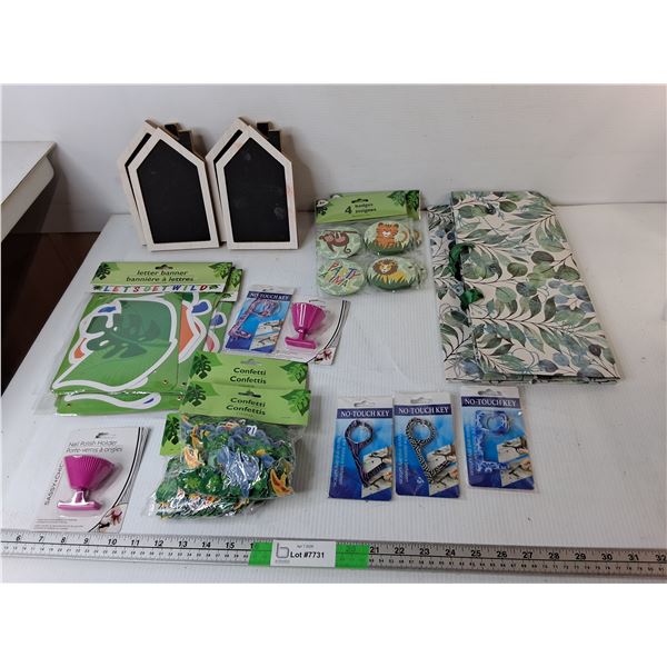 Mostly Children's Animal Themed Party Supplies- Pins, Confetti, Banners, Misc.