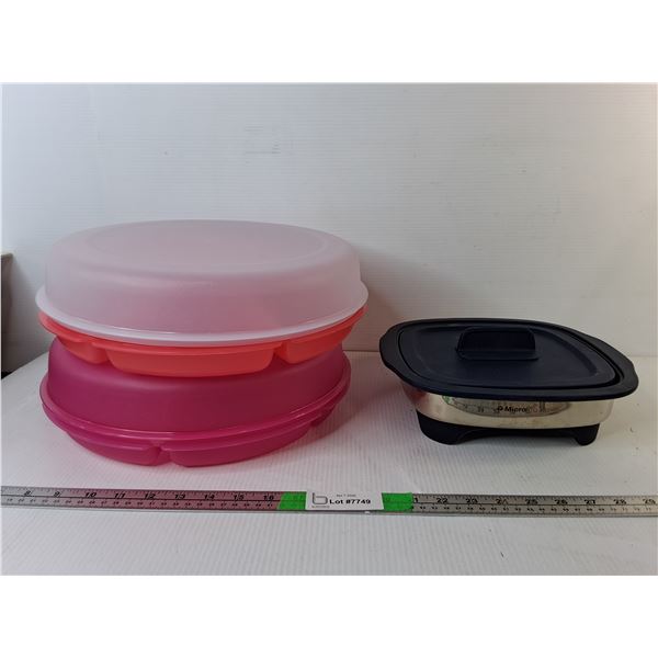 Tupperware Microwave Cookset & (2) Plastic Serving Platters-One Lid Not Fitting- Cannot Ship