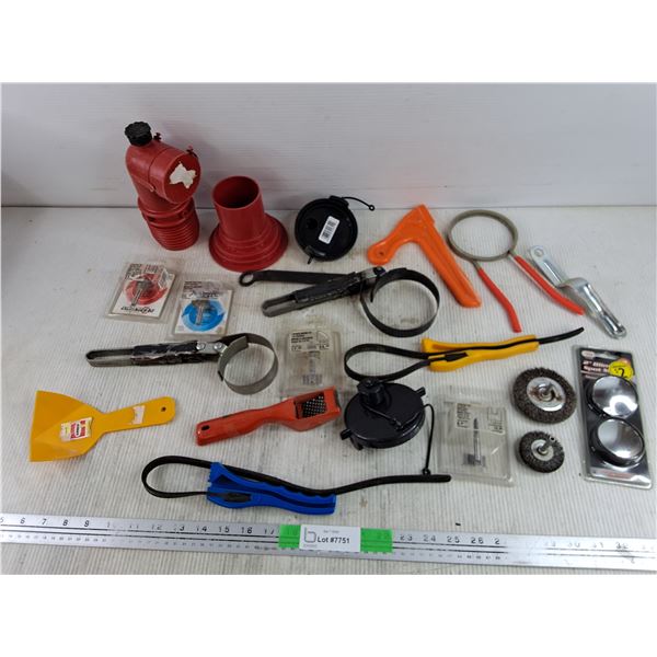 Strap Wrenches, Putty Knife, Wire Brush Discs, 2" Blind Spot Mirrors, Cutting Bits, Misc