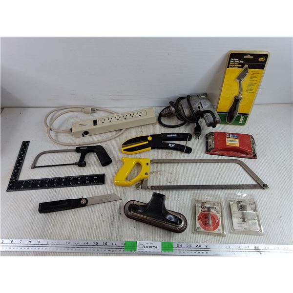 Powerbar, Hacksaws, Sanding Block, Tile Grout Saw, Cutting Bits, Vintage Drill - Powers On, As Is