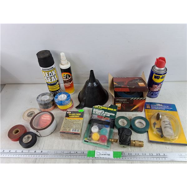 Rust Oleum Leak Seal Spray, Funnel, One Man Brake Bleeder Kit, WD40, Electrical Tape, Jute Twine