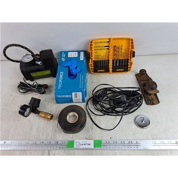 12V 250PSI Air Compressor - As Is, DeWalt Drill Bits, Wood Plane, 12V Extension Cord, Misc