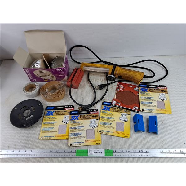 Palm Sander Sheets, Troublelight - Powers On, As Is, Flood Light Bulbs, Tapes, Misc